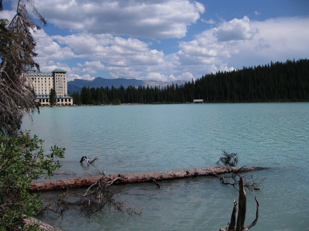 About 1/2 mile from the Lake Louise parking lot, you get far less people and a great view back at the Fairmont Chateau.