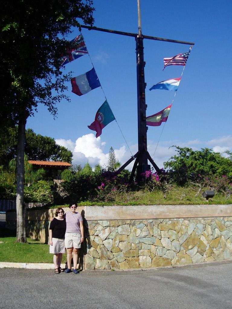 Flags on the hill with the Serralls castle and Tower El Vigia Cross. On the left: Great Britain, France, and Portugal.  On the right, United States, the Netherlands, and Spain. 